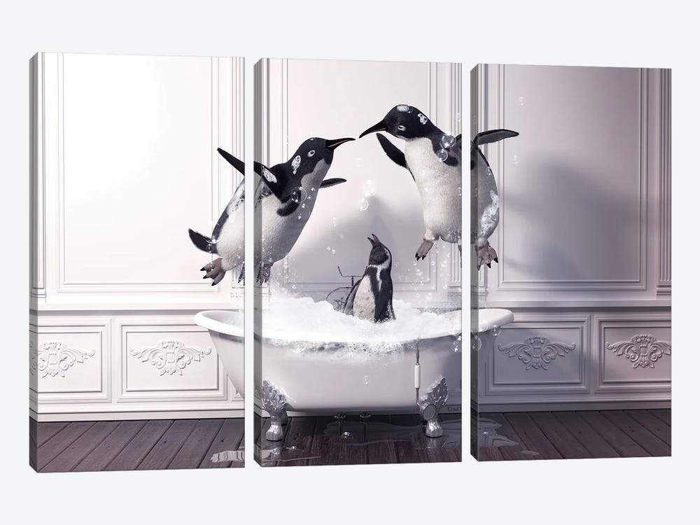 Penguin Playing Together In The Bath by Jauffrey Philippe 3-piece Canvas Art