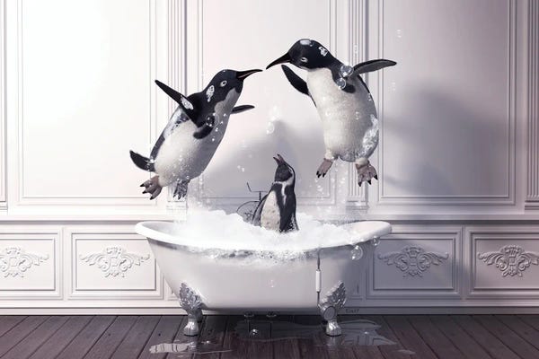 Penguins: Penguin Playing Together In The Bath by Jauffrey Philippe