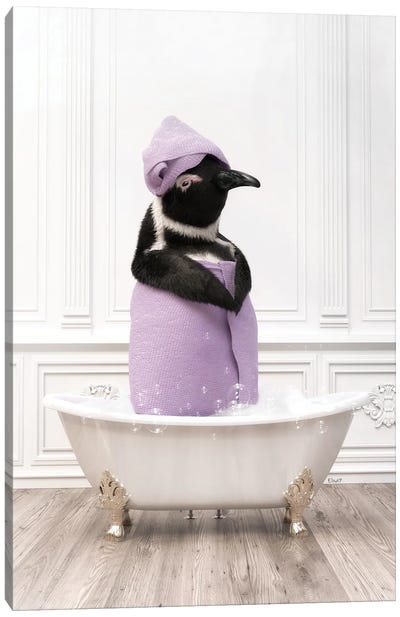 Penguin In The Towel Bath Canvas Art Print - Penguin Art
