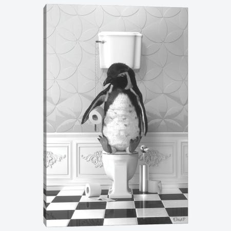 Penguin On The Toilet Canvas Print #JFY79} by Jauffrey Philippe Canvas Artwork