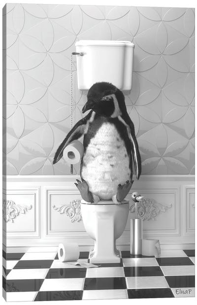 Penguin On The Toilet Canvas Art Print - Penguin Art