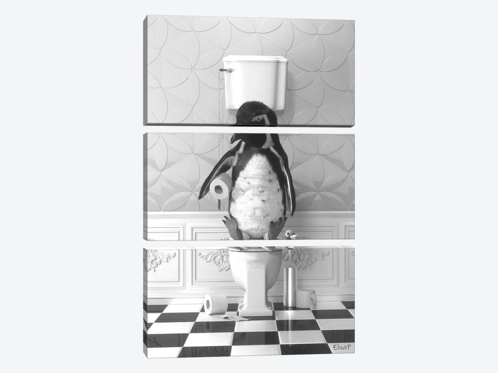 Penguin On The Toilet by Jauffrey Philippe 3-piece Canvas Wall Art