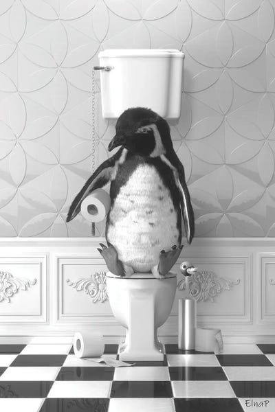 Black & White Digital Art: Penguin On The Toilet by Jauffrey Philippe