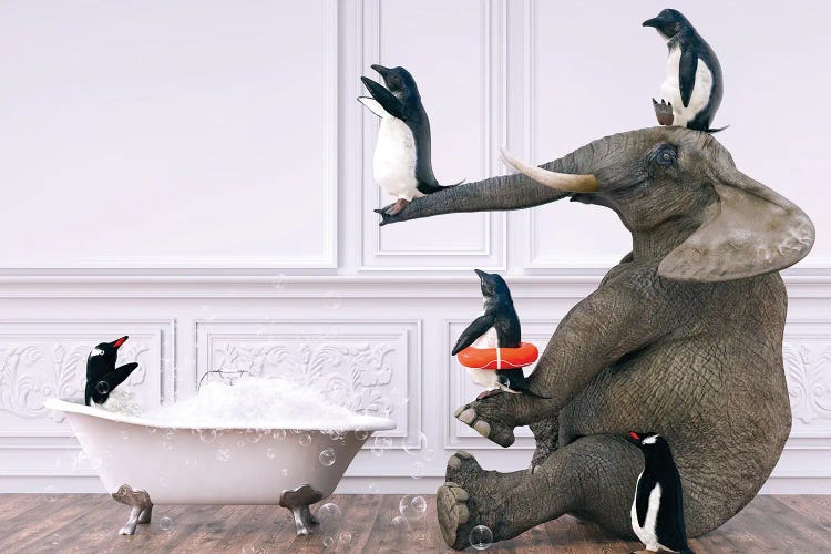 Penguins And Elephant In The Bath by Jauffrey Philippe wall art