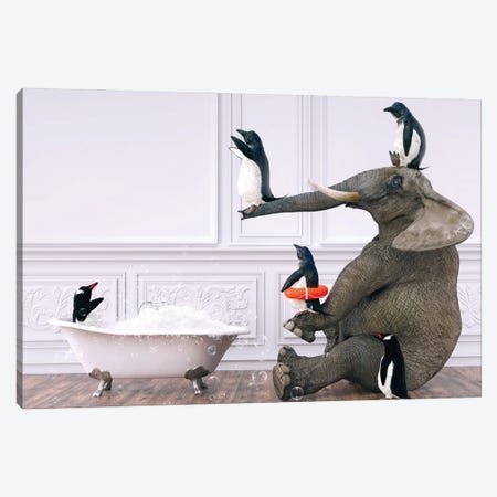 Penguins And Elephant In The Bath Canvas Print #JFY7} by Jauffrey Philippe Canvas Wall Art
