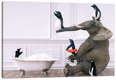 Penguins And Elephant In The Bath Canvas Art Print - Jauffrey Philippe