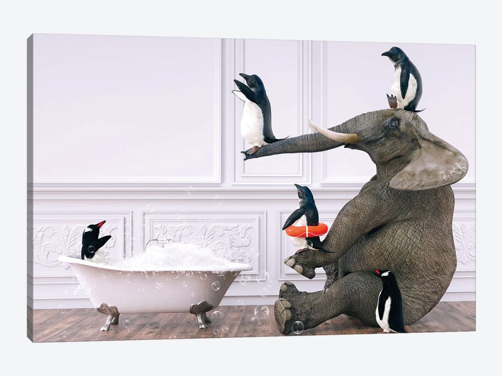 Penguins And Elephant In The Bath by Jauffrey Philippe 1-piece Canvas Artwork