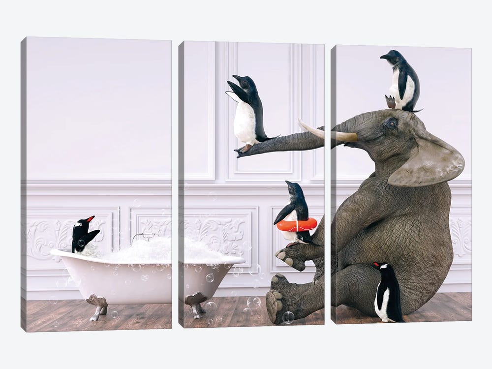 Penguins And Elephant In The Bath by Jauffrey Philippe 3-piece Canvas Art