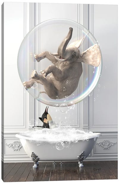 Elephant In The Bath With A Penguin Canvas Art Print - Penguin Art