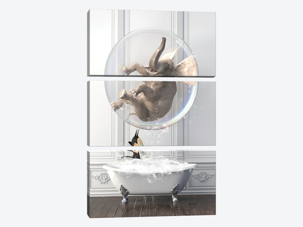 Elephant In The Bath With A Penguin by Jauffrey Philippe 3-piece Canvas Print