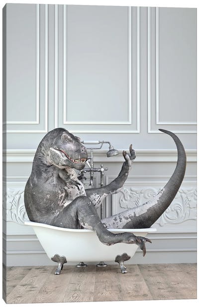 Dinosaur In The Bath Canvas Art Print - Dinosaur Art