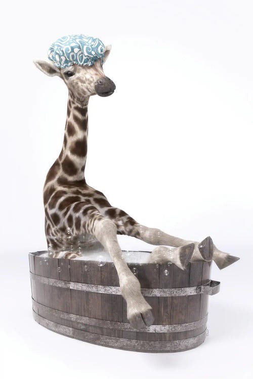 Giraffe In The Bath With Bathing Cap