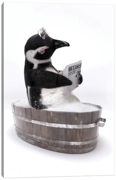 Penguin In A Wooden Bathtub Canvas Art Print - Penguin Art