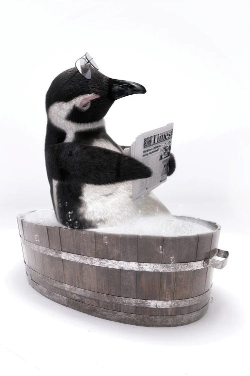Penguin In A Wooden Bathtub