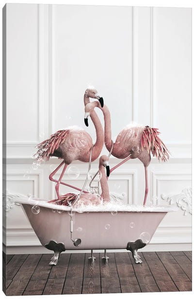 Flamingo In The Bath Canvas Art Print - Animal Humor Art
