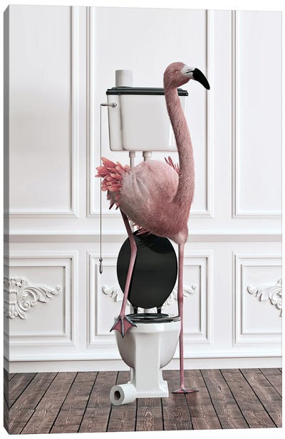 Flamingo In The Toilet Canvas Art Print - Animal Humor Art