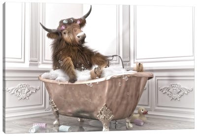 Highland Cow In The Bath Canvas Art Print - Bathroom Humor Art