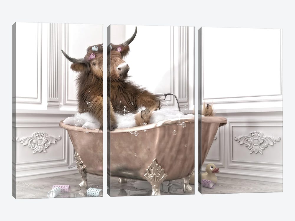 Highland Cow In The Bath by Jauffrey Philippe 3-piece Canvas Art Print