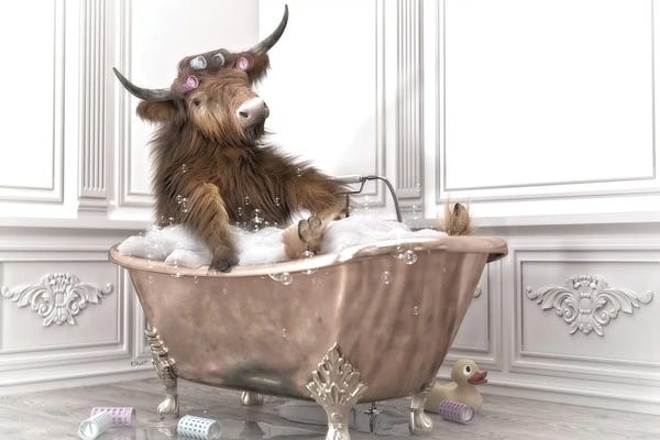Bathroom Humor: Highland Cow In The Bath by Jauffrey Philippe