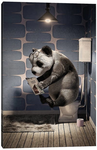Panda On The Toilet Canvas Art Print - Kids Bathroom Art