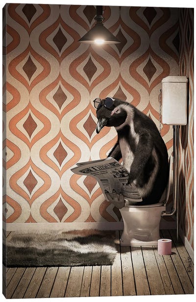 Penguin On Toilet Canvas Art Print - Jauffrey Philippe