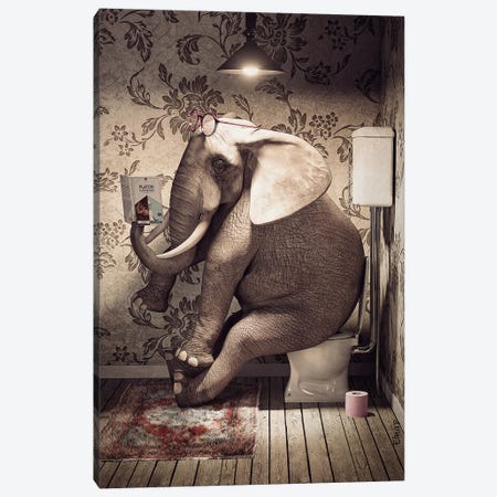 Elephant On Toilet Reading A Book Canvas Print #JFY98} by Jauffrey Philippe Canvas Artwork