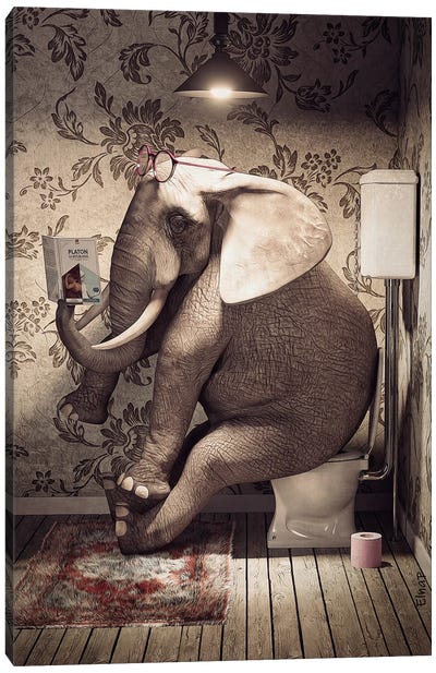 Elephant On Toilet Reading A Book Canvas Art Print - Jauffrey Philippe