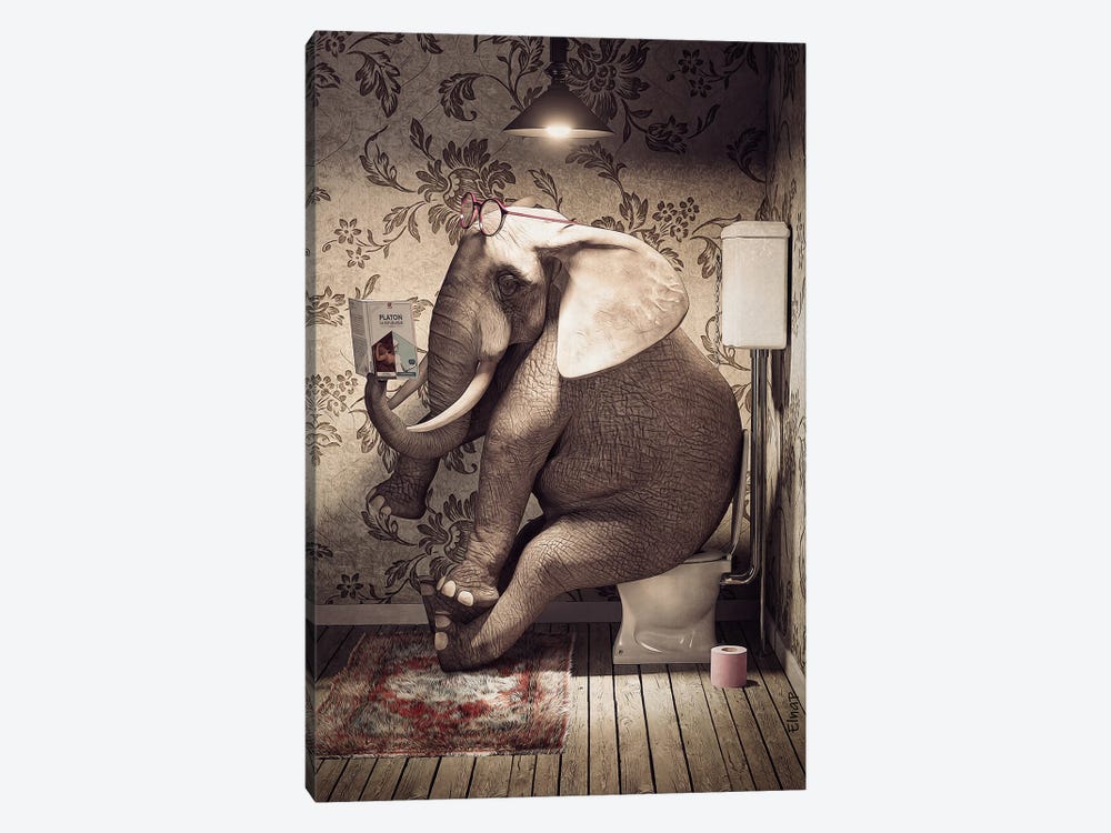 Elephant On Toilet Reading A Book by Jauffrey Philippe 1-piece Canvas Art Print