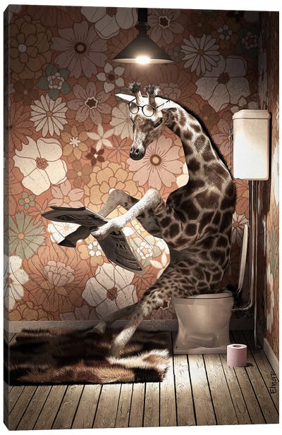 Giraffe On The Toilet Reading A Newspaper Canvas Art Print - Bathroom Humor Art