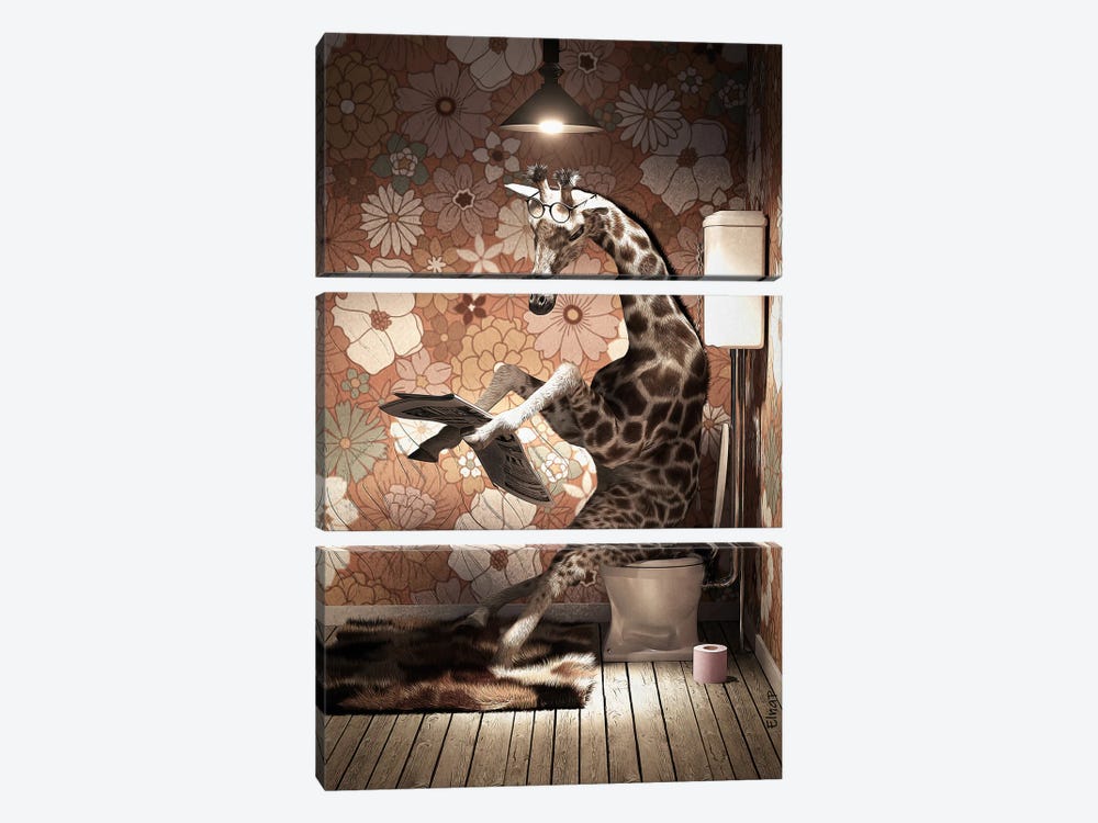 Giraffe On The Toilet Reading A Newspaper by Jauffrey Philippe 3-piece Canvas Art