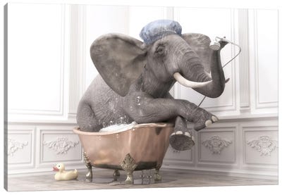 Elephant In The Bath Canvas Art Print - Jauffrey Philippe