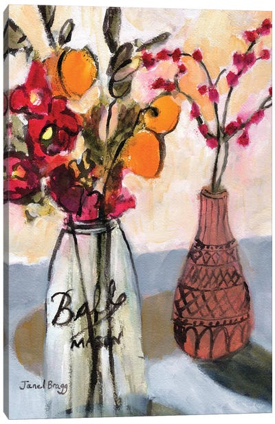 Still Life With Mason Jar And Flowers Canvas Art Print