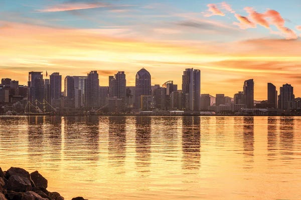 Rivers, Lakes & Waterfronts: Reflections On Orange, San Diego Skyline by Joseph S. Giacalone