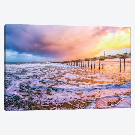 Cool And Warm Sunrise Ocean Beach Pier Canvas Print #JGL354} by Joseph S. Giacalone Canvas Art