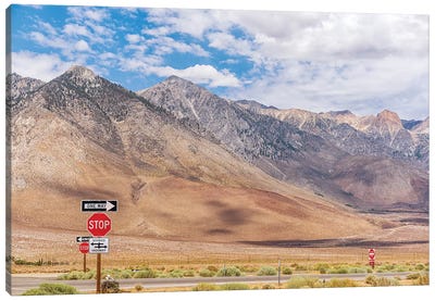 Signs On Highway 395 Sierra Nevada Mountains Canvas Art Print - Joseph S Giacalone