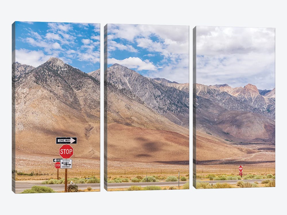 Signs On Highway 395 Sierra Nevada Mountains by Joseph S. Giacalone 3-piece Art Print