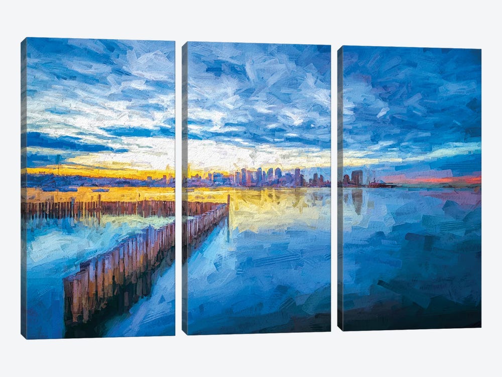 San Diego Harbor Blue And Gold by Joseph S. Giacalone 3-piece Canvas Print