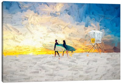 Surfers At Sunset San Diego California Canvas Art Print - Joseph S Giacalone