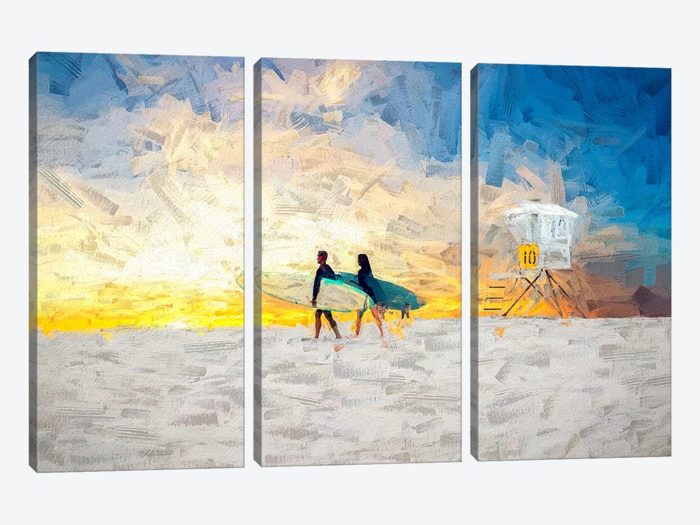 Surfers At Sunset San Diego California by Joseph S. Giacalone 3-piece Art Print