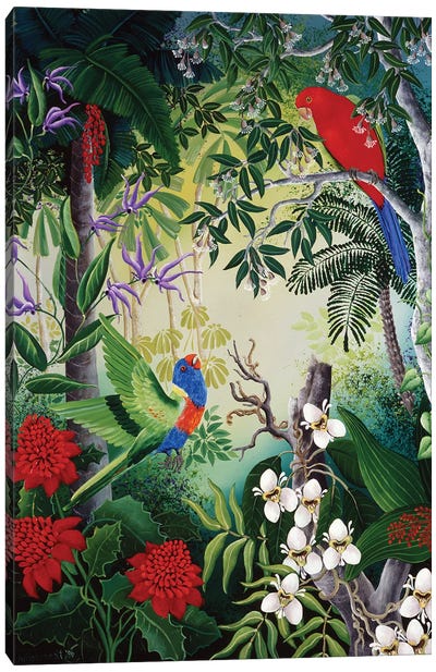 Parrots And Blooms Canvas Art Print - Jungles