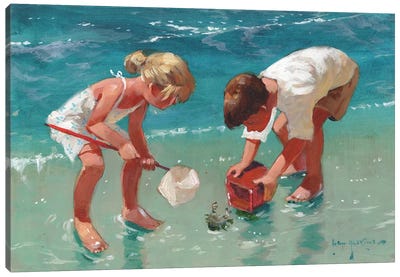 Kids And Crab Canvas Art Print - Sandy Beach Art