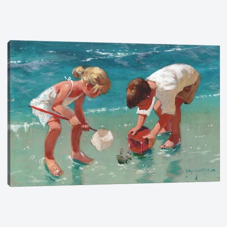 Kids And Crab Canvas Print #JHS29} by John Haskins Canvas Wall Art