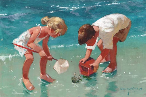 Large Coastal Art - Canvas Prints: Kids And Crab by John Haskins