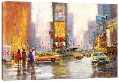 Times Square In The Rain Canvas Art Print - John Haskins