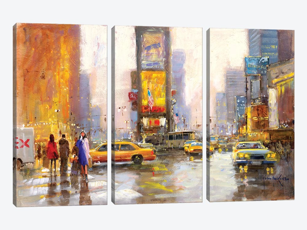 Times Square In The Rain by John Haskins 3-piece Canvas Wall Art