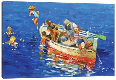 Swimming Off The Little Boat Canvas Art Print - Rowboat Art