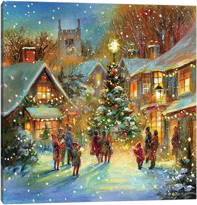 Evening Carol Canvas Art Print - Christmas Trees & Wreath Art