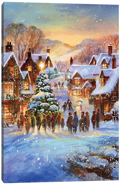 Snow Village Canvas Art Print - Christmas Trees & Wreath Art