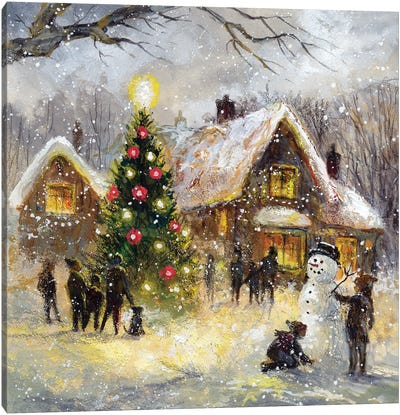 Tree Lighting Canvas Art Print - Snowman Art