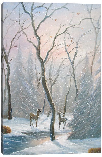 Misty Forest Deer Canvas Art Print - Snow Art